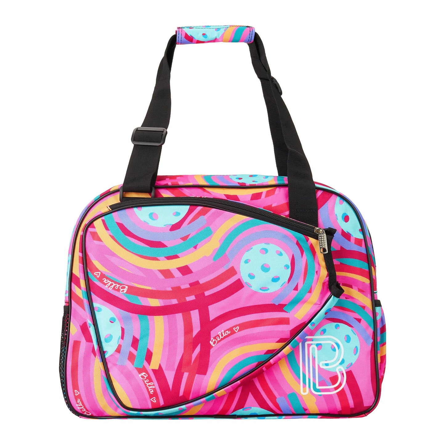 Pink pickleball bag with colorful abstract design and black adjustable strap.