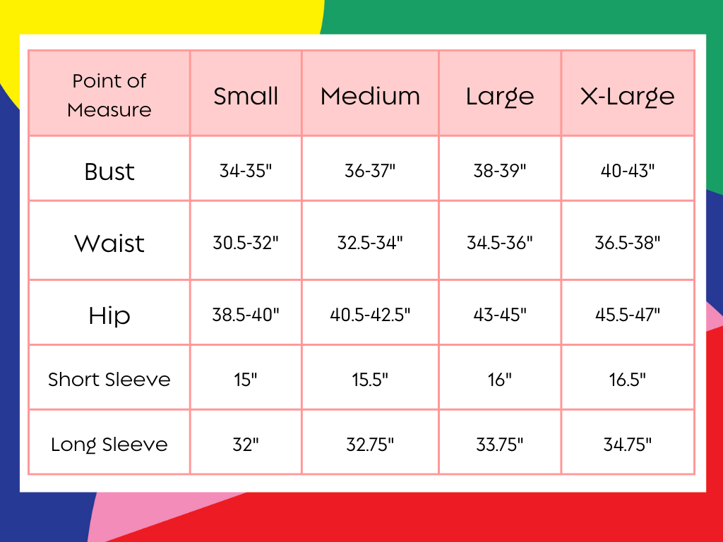 "Women's Size Chart displays bust, waist, hip, short sleeve, and long sleeve measurements for Small, Medium, Large, and X-Large sizes in inches."