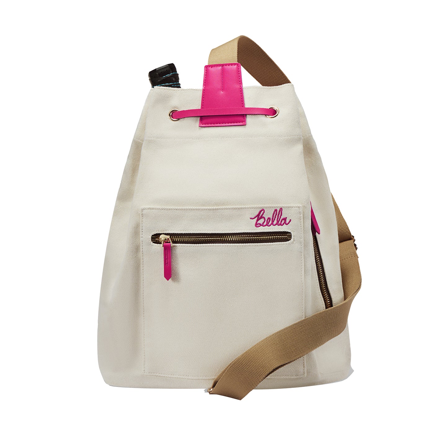 Off-white canvas bucket bag with brown shoulder strap, hot pink accents, and gold zipper pulls.