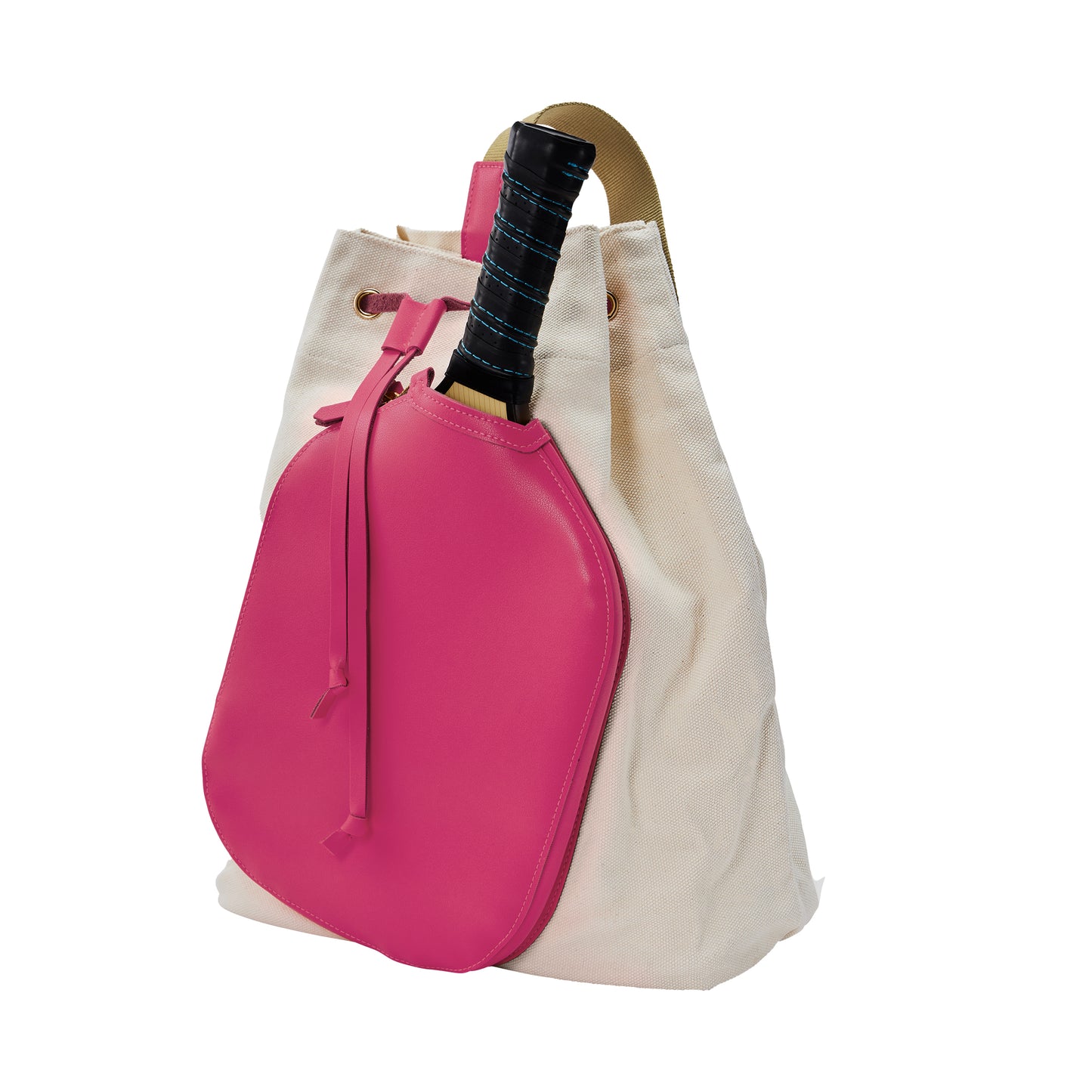 Canvas tote bag with hot pink side pocket holds a wooden paddle handle.