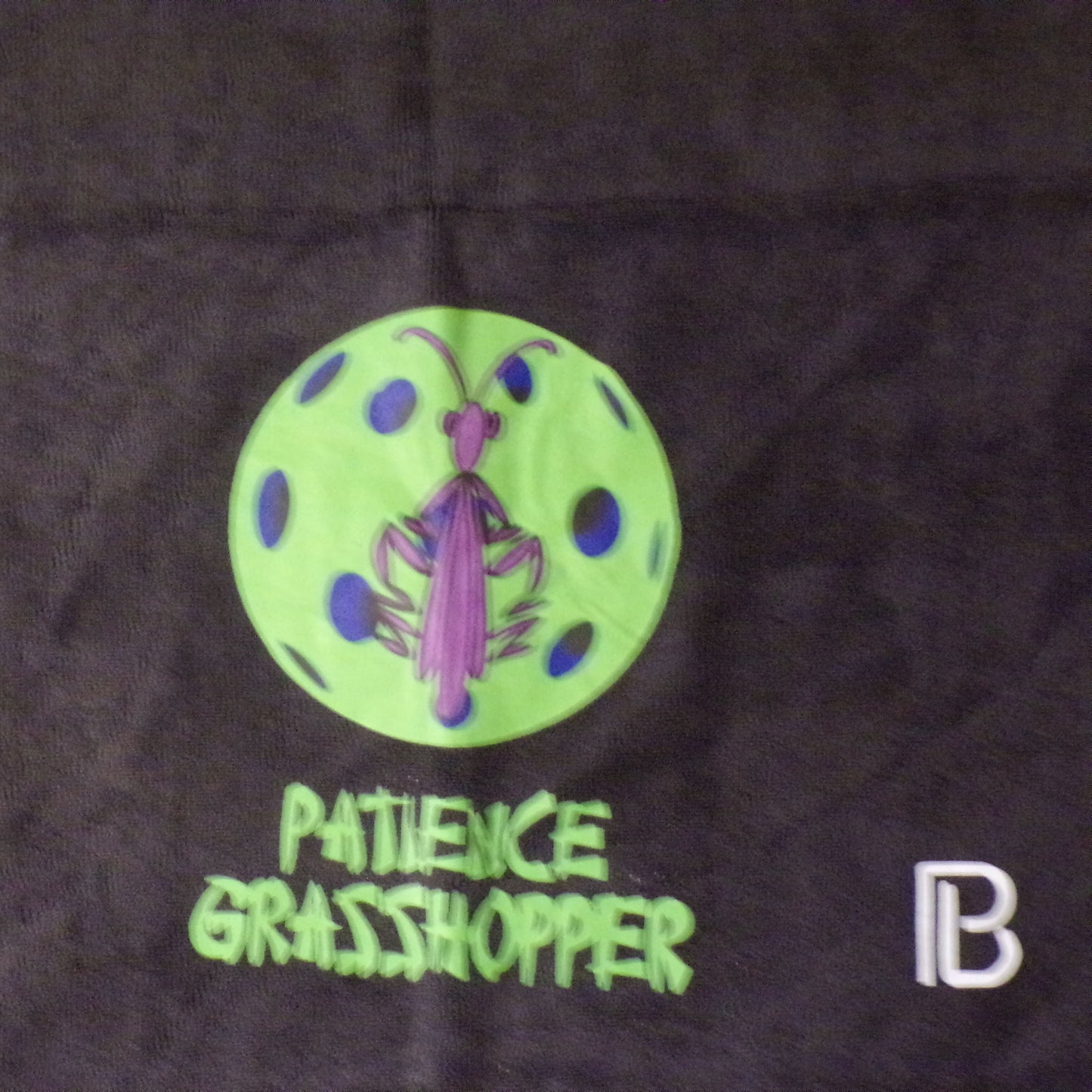 A purple praying mantis rests on a bright green pickleball with the words "Patience Grasshopper" printed below.