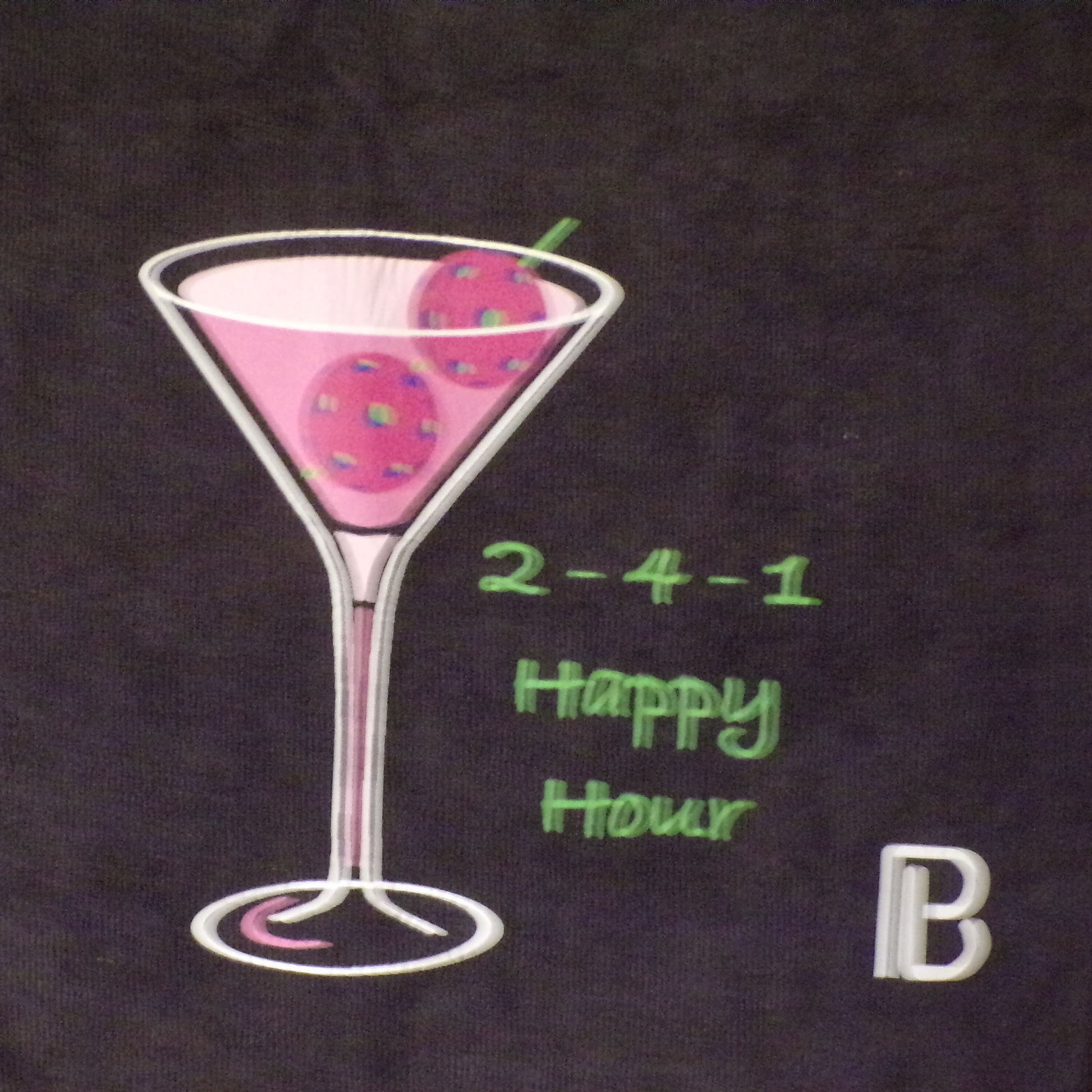 Pink cocktail in martini glass with two donut garnishes and "2-4-1 Happy Hour" text.