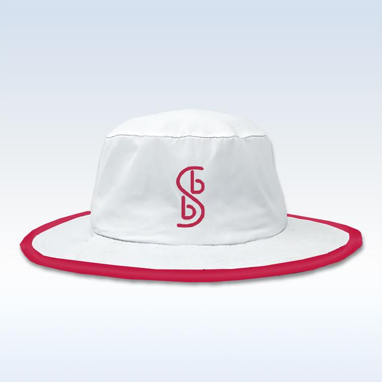 White bucket hat with red trim featuring a stylized red "SB" logo on the front.