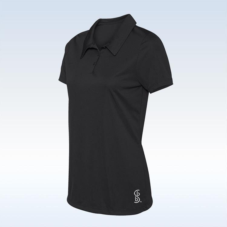 A black women's performance polo shirt with short sleeves and a collared neckline displays a subtle logo on the left hip.