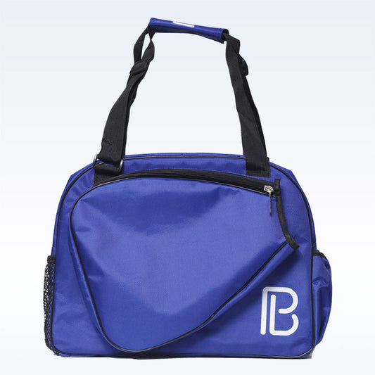 Blue sports bag with black accents and white logo displayed against a light blue background.
