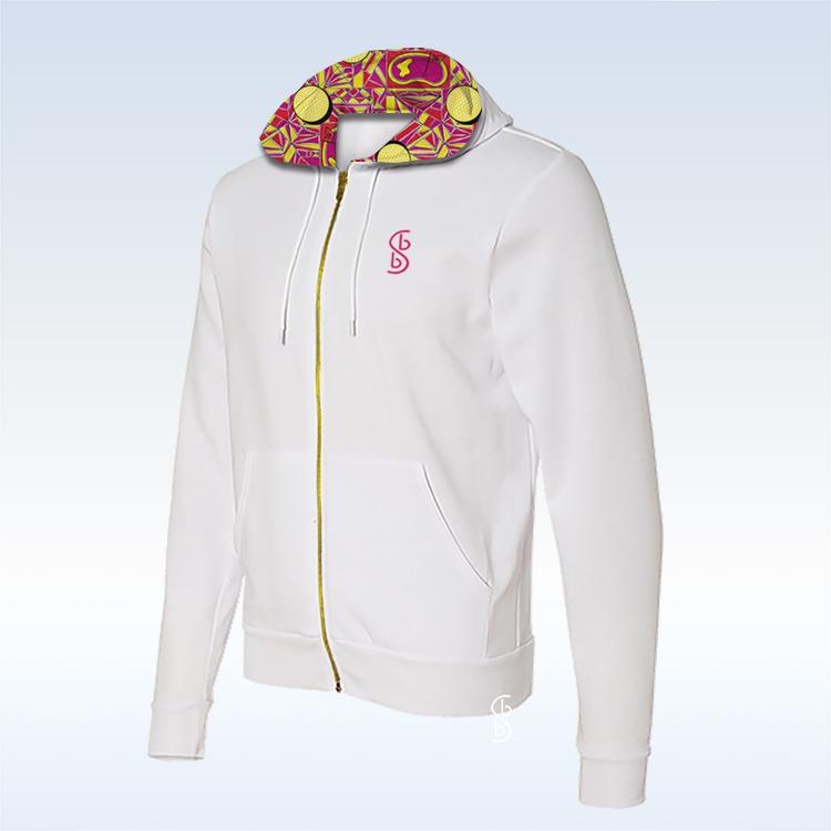 White zip-up hoodie featuring a vibrant yellow and pink abstract pattern inside the hood.