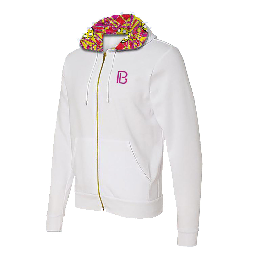 White zip-up hoodie showcasing a vibrant yellow and pink geometric patterned hood lining.