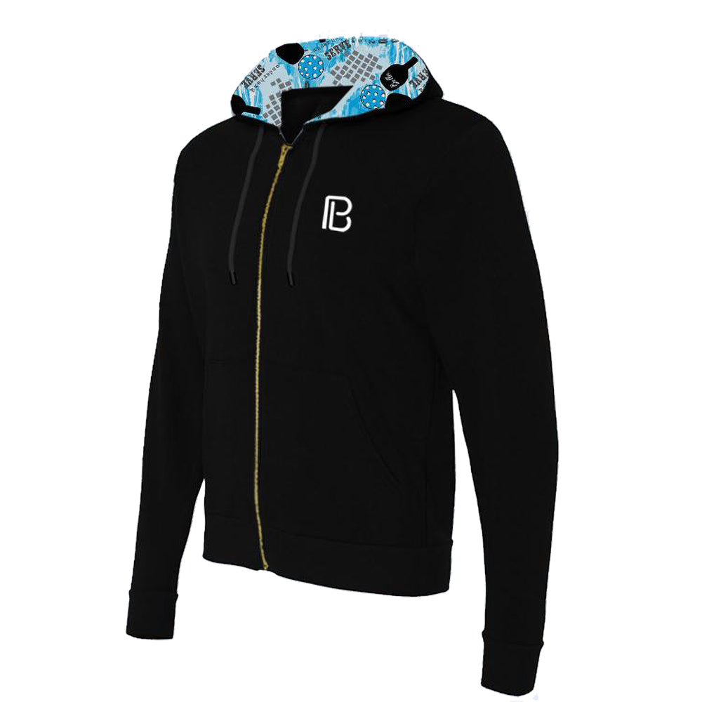 Black zip-up hoodie featuring a blue pickleball-themed interior hood lining.