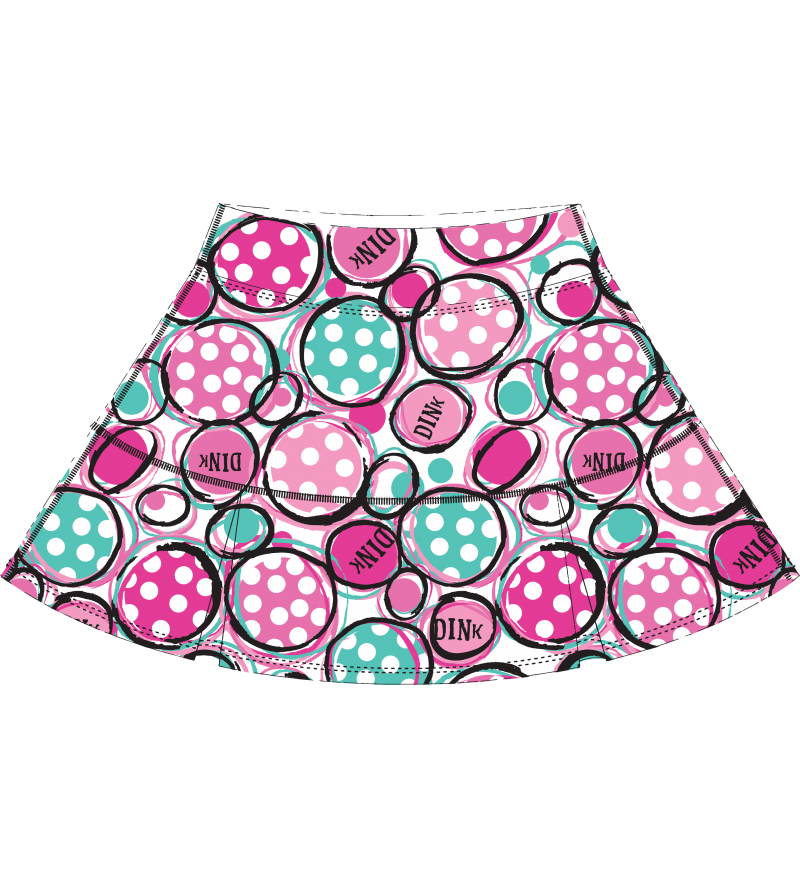 Pink and teal polka-dot skirt with black outlines and "DINK" printed throughout.
