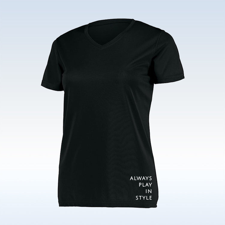 Woman models a black athletic t-shirt with a v-neck and the words "Always Play In Style" printed vertically near the hem.