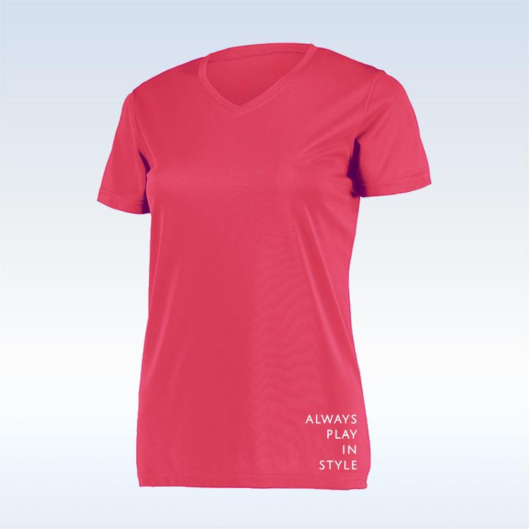 Woman models a bright pink women's athletic t-shirt with v-neck and the words "Always Play in Style" printed vertically near the bottom hem.