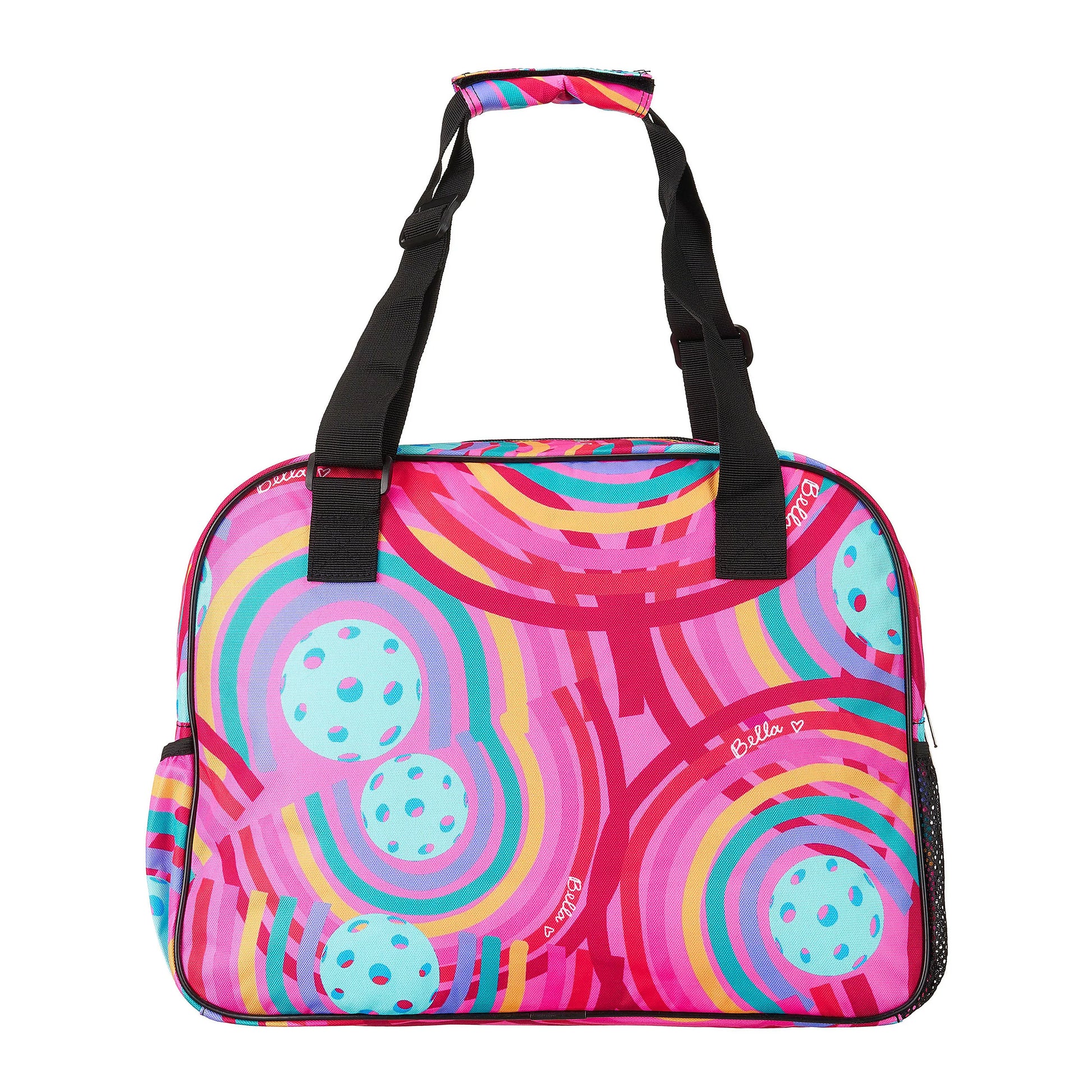 A pink, blue, and yellow abstract print duffel bag with black adjustable straps stands against a white background. 
