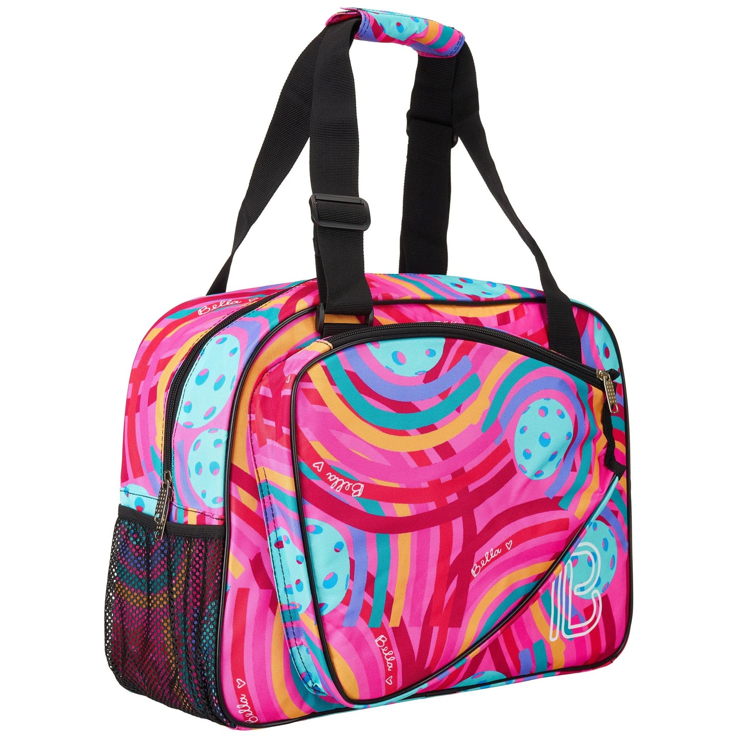 Pink duffel bag with colorful abstract pattern and black accents stands showcasing its side mesh pocket. 
