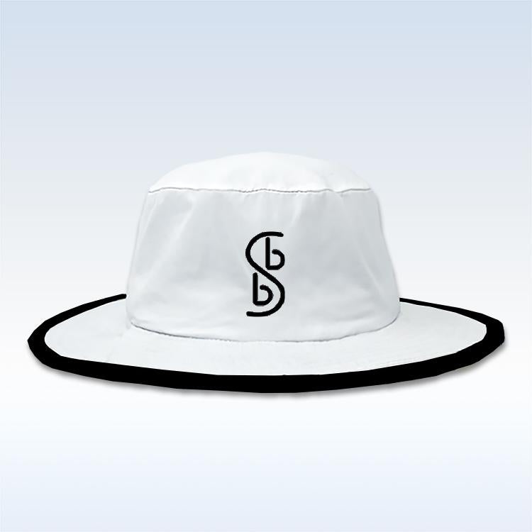 White bucket hat with black trim displaying a stylized black "SB" logo on the front. 
