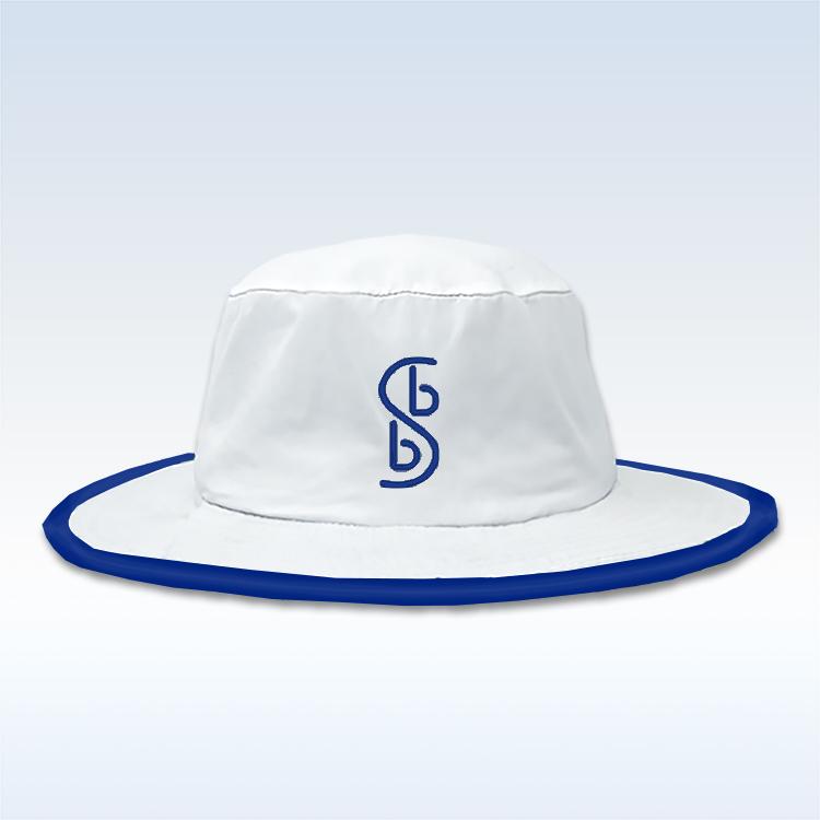 White bucket hat with blue trim featuring a stylized blue "SB" logo on the front. 
