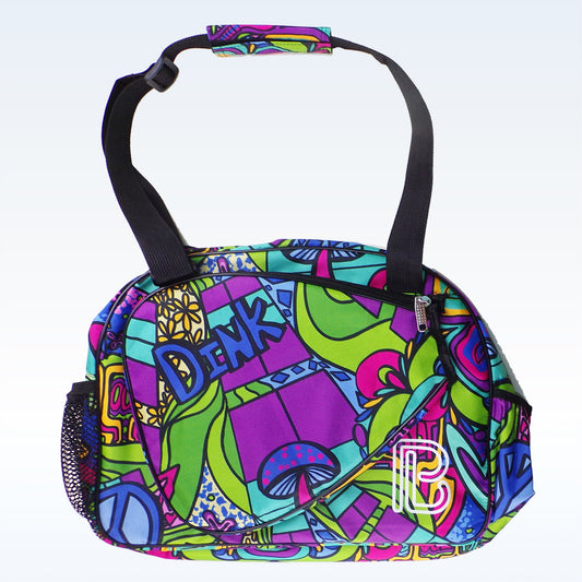 Colorful duffel bag displays vibrant psychedelic pattern with peace signs, mushrooms, and abstract designs.