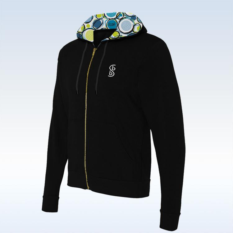 Black zip-up hoodie featuring a vibrant blue, green, and white geometric patterned hood lining. 
