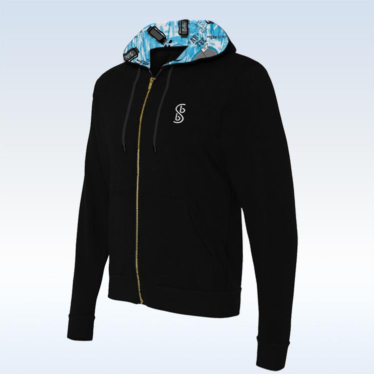 Black zip-up hoodie featuring a blue and white abstract patterned hood lining. 
