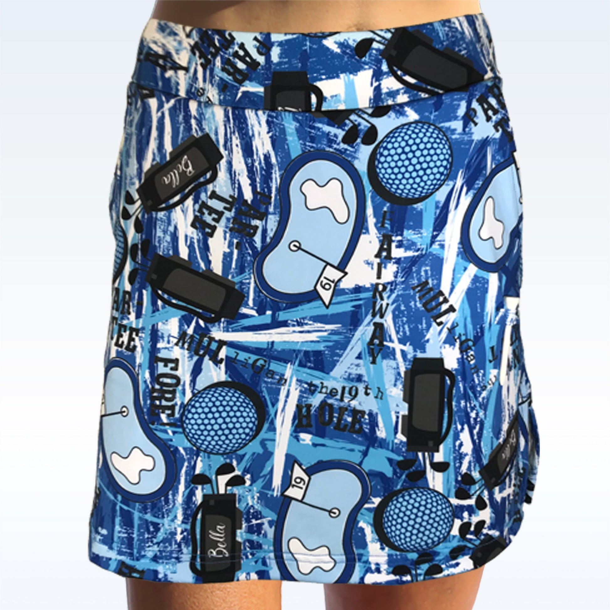 Woman models a blue golf skirt with a fun, abstract print of golf balls, clubs, and greens. 
