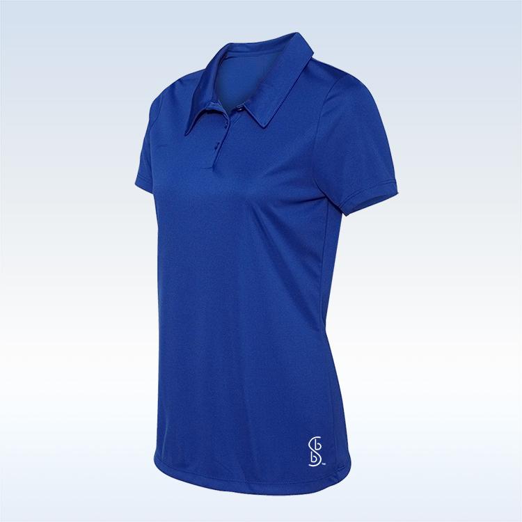 Royal blue women's polo shirt featuring a collared neckline and short sleeves. 
